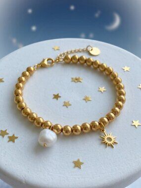 18K Gold Plated Beaded Bracelet Celestial Boho Sun Pearl Charm Stackable NWT